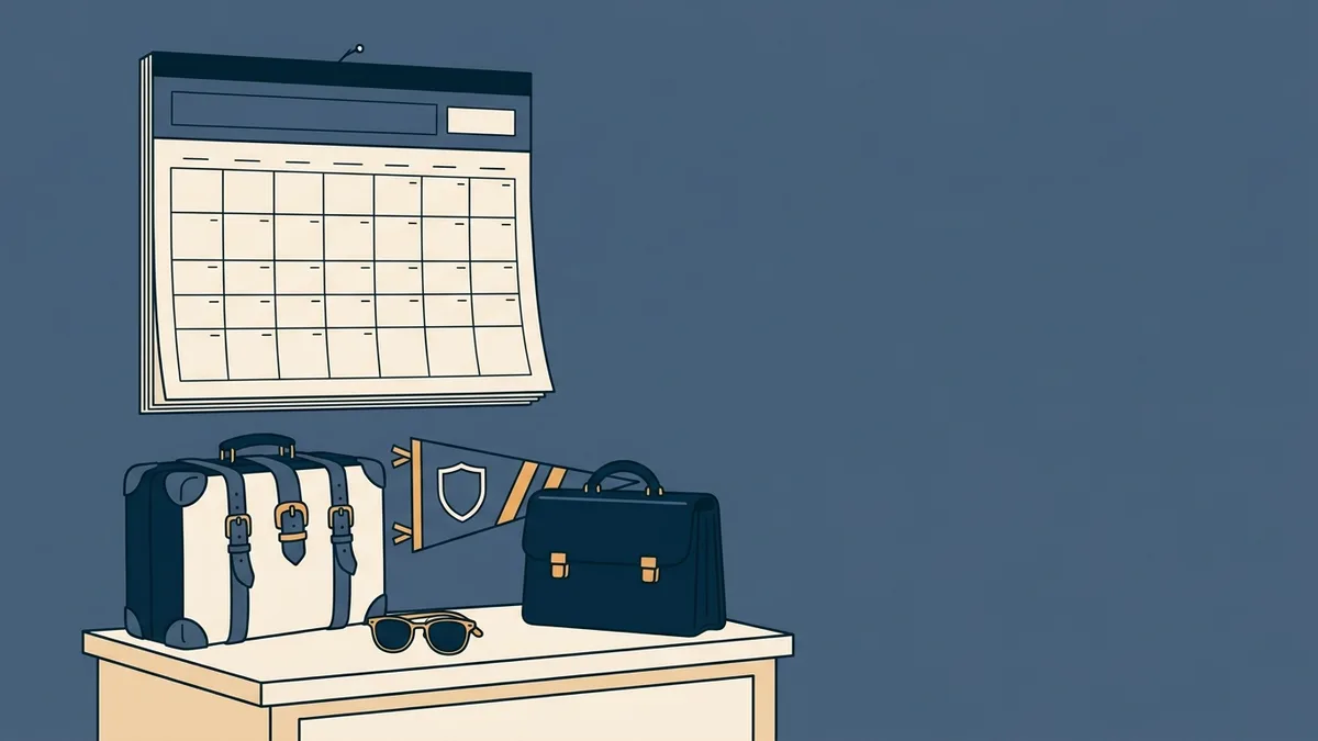 A calendar above a side table holding a suitcase, a college pennant, sunglasses, and a briefcase.
