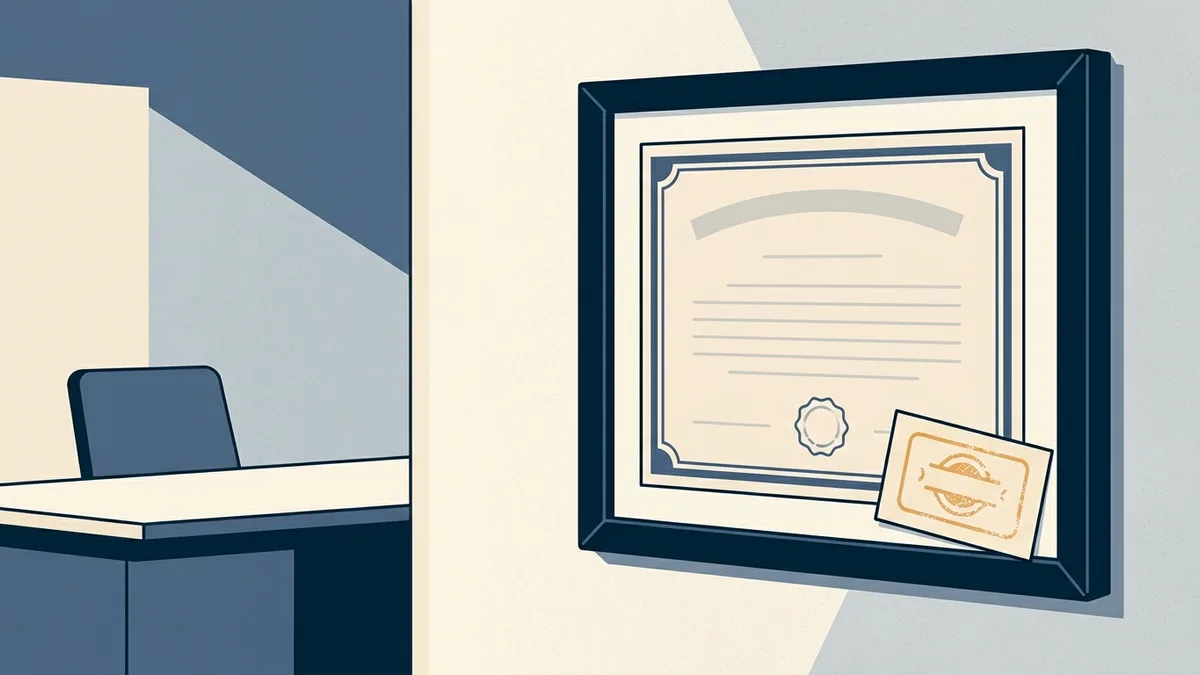 A framed license with a status card, representing the difference between holding a license and holding it in good standing.
