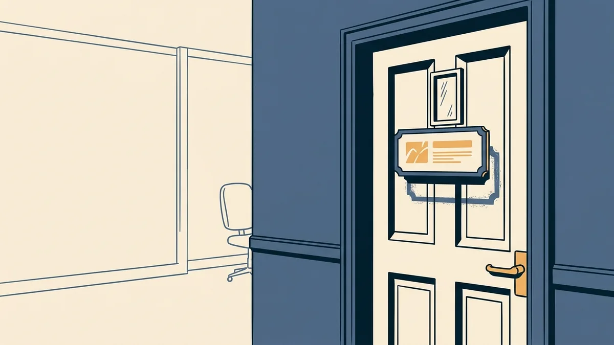 A licensing office door with a new nameplate over the ghost of the old one.