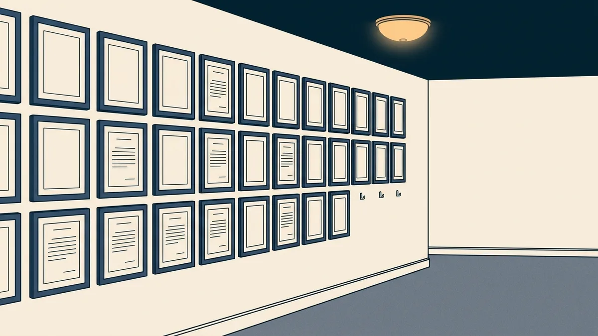 Rows of identical framed documents on a hallway wall with a few empty hooks remaining.