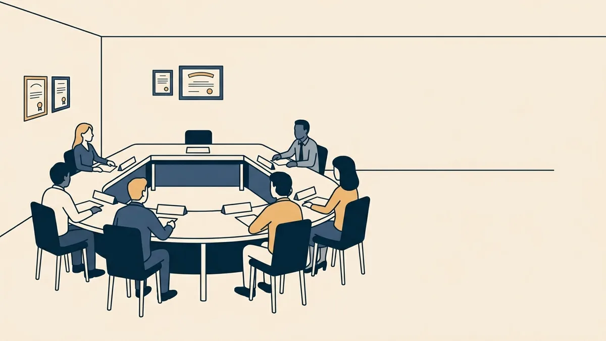 A small board meeting room with an unfilled seat, showing the part-time volunteer structure.