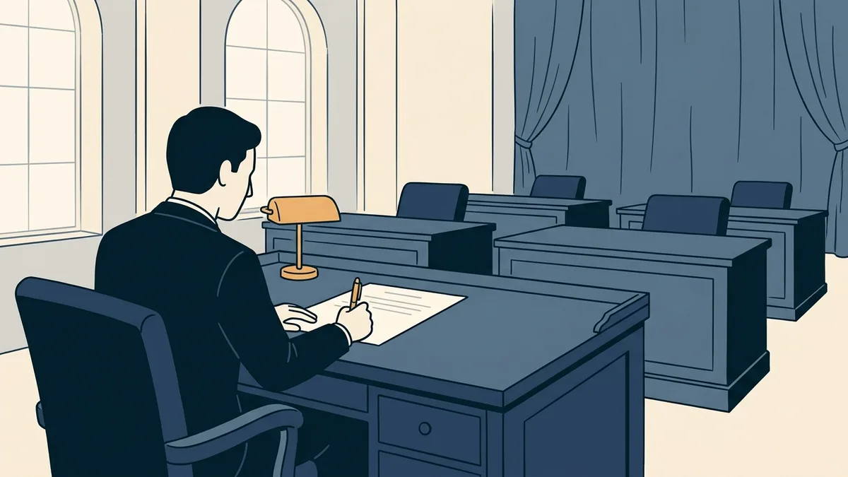 A bill being signed at one desk, with more desks behind, showing state-by-state adoption rather than a single agreement.