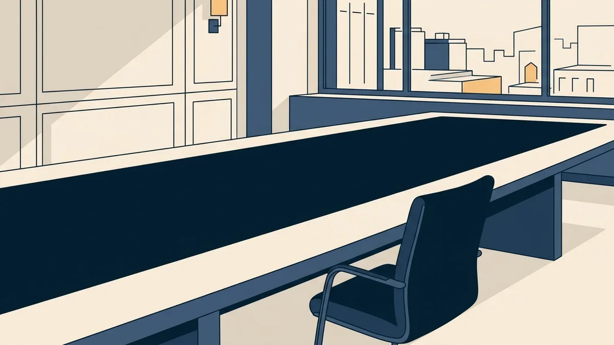 An empty boardroom table, representing a compact negotiation that was never convened.