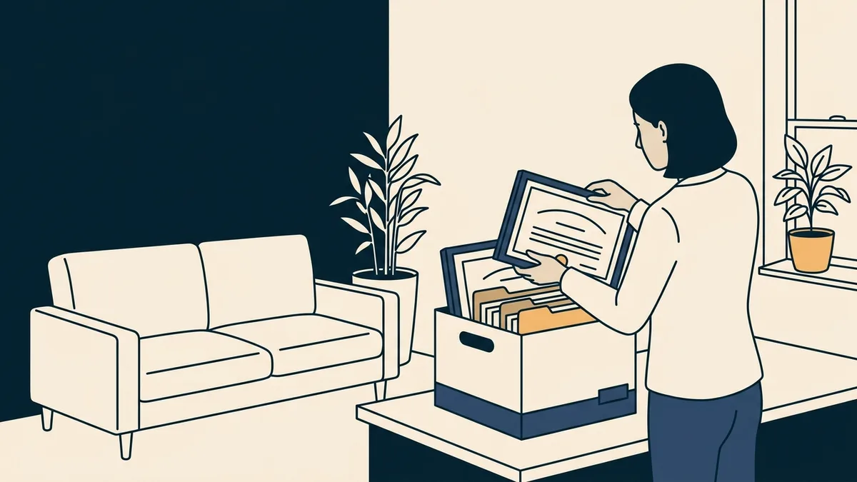 A therapist packing license certificates and files into a box in an office with an empty client couch.